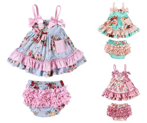 NEW Boutique Baby Girls Floral Swing Top Dress Ruffle Bloomers Outfit Set Easter