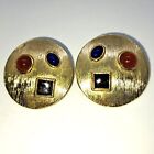 80s, disk earrings with bezel set cabochons, plating somewhat worn