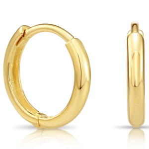 14K Solid Yellow Gold Shiny Round Plain Huggie Hoop Earrings Small Size 12MM