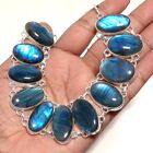 Blue Fire Labradorite Oval Shape Gemstone Handmade Jewelry Necklace 18