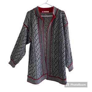 Handmade Vigdis Design Norwegian Pure Wool Womens Sweater XL Cardigan Black Red