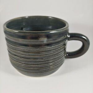 New ListingHANDMADE Signed Dark Gray Blue Green Rustic Striped Pottery Coffee Mug Cup 12oz