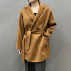 2024 Women Short Wool Coat Solid Fashion Water Ripple Cashmere Belt Overcoat