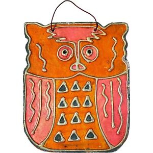 Vintage 1970s Papier Mache Owl Decor Orange Art CNC Imports Los Angeles Japan