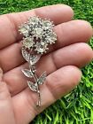 Vintage Silver Tone Daisy Flower With Clear Prong Round Rhinestones Brooch Pin