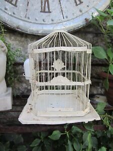 antique EARLY HENDRYX Metal Bird Cage... Chippy White Paint w/MILK GLASS feeder