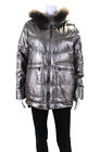 Brunello Cucinelli Womens Metallic Silver Fox Fur Trim Hood Puffer Coat Size 46