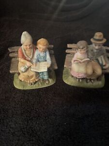 Vintage Set of 2 Lefton Grandpa￼/Ma Kids Reading Books Sitting On Bench Figurine