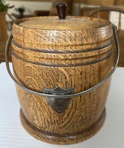 Antique English Oak Wood 6” Tall 5”Across Biscuit Barrel Jar With Metal Liner