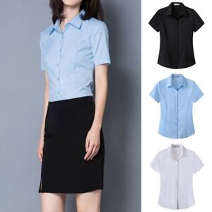 Womens Ladies OL Shirt Button Down T-shirt Short Sleeve Blouse Tops Office Works