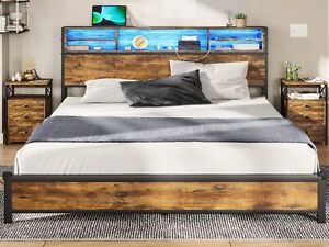 Full Queen Bed Frame with LED Lights Headboard, Metal Platform Bed with Outlets