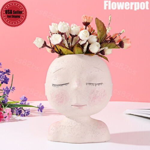 Creative Portrait Face Head Statue Flower Planter Resin Plant Pot Garden Art US