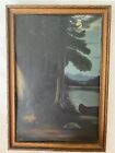 Antique Primitive Painting Evening Camping Scene Campfire Lake Pine Trees Canoe