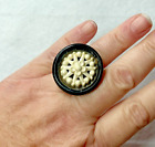 carved Bakelite Vtg Ring white compass rose on black chunky segmented stretchy