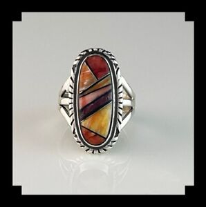 Navajo Style Sterling and Spiny Oyster Inlay Ring Size 7 3/4