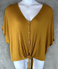 Free Kisses Womens 1X Ribbed Burnt Orange Button Up Blouse Crop Tie Front Top