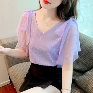 Korean Womens Chiffon V-neck Sequin Beads Bow Summer Party T-shirt Tops Blouse