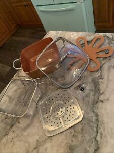 Copper Chef 9.5” Square Frying Pan Steamer Glass Lid Basket Silicone Holder Set