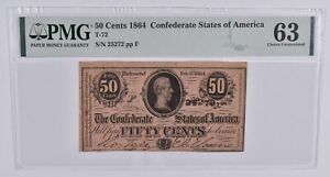 1864 50 Cent Confederate States of America PMG 63 Choice Uncirculated