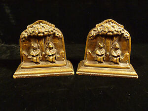 VINTAGE BRONZED WOOD CARVED READING MONK BOOKENDS - CIRCA 1935