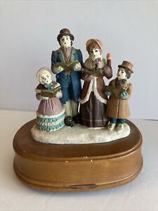 Vintage Ceramic Christmas Family Caroling Wooden Music Box - Plays Song “Noel”