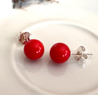 Solid 925 Sterling Sliver Red Coral 8mm Round Ball Stud Earrings