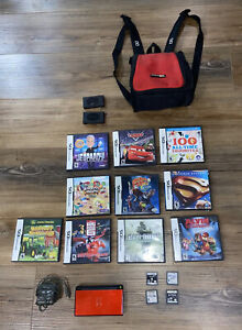 Bundle Lot Nintendo DS Lite Red Video Game System USG-001 14 Games Backpack Case