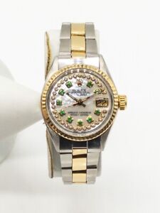 Estate $10,000 ROLEX DATEJUST Emerald Diamond 18k Yellow Gold SS Ladies Watch