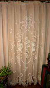 Victorian Cotton Lace Curtains Net W/ Long Hand Made Fringe 2 Panels 88x54 Vtg