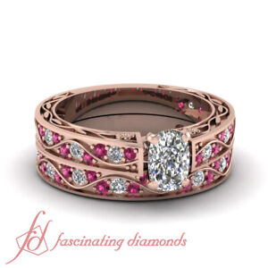 1.15 Ct Rose Gold Cushion Cut Antique Diamond And Pink Sapphire Wedding Ring Set