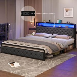 King Size LED Bed Frame Upholstered Platform Bed Frame with Storage Headboard