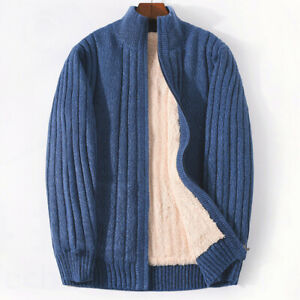 Mens Stand Collar Cardigan Cashmere Fleece Lined Sweater Zip Jacket Winter Warm