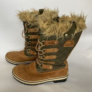 Sorel Tofino Waterproof Winter Boots Women Size 9 Brown Gray Faux Fur NL1780-316