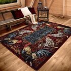 Pecking Order Bordeaux Rooster Primitive Country Farmhouse Area Rug 8'x11'