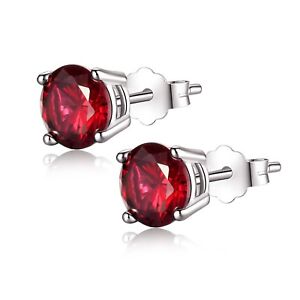 Real 925 Sterling Silver 6mm Round Simulated Ruby Stud Earrings Gift for Her Him
