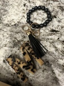 Wrist Bracelet Keychain With “M” In Leopard Print, Black