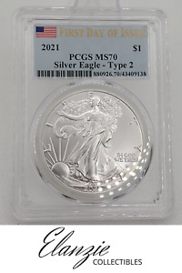 2021 American Silver Eagle PCGS MS70 FDOI Type 2 $1 First Day of Issue Coin