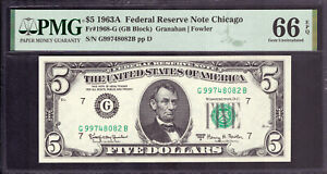 1963 A $5 FEDERAL RESERVE NOTE CHICAGO FR.1968-G GB BLOCK PMG GEM UNC 66 EPQ