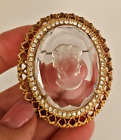 VINTAGE CAMEO POLISHED CLEAR CRYSTAL ETCHED WITH RHINESTONE FILIGREE BROOCH PIN