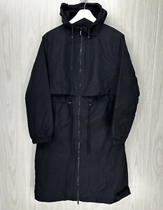 A New Day Womens Trench Rain Coat M Black Drawstring Waist Hood Water Resistant