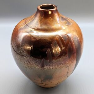 New ListingArt Pottery Raku Vase Copper Luster Horsehair Orange Metallic Ceramic Signed 8