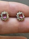 Ruby Pink Oval Stone White Cluster Like Diamonds Stud Earrings Gold Tone Setting