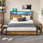 Queen Size Bed Frame with Outlets LED Headboard Metal Platform 4 Storage Drawers