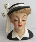 Vintage 1956 Napco Head Vase Black Suit Hat Gold Polka Dot Pearls Eyes Closed