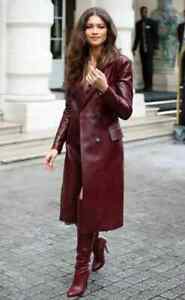Women's Burgundy Pure Leather Trench Coat 100% Lambskin Stylish Long Coat