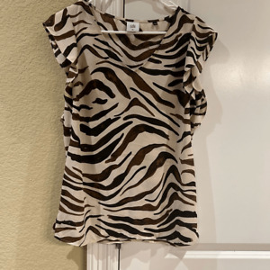 Cabi XS zebra ivory brown print v-neck ruffle sleeve top