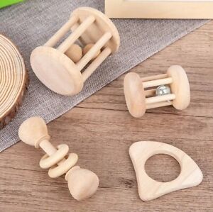 New Listing4 Pieces Wooden Baby Rattle Toys, Montessori Teething Ring Log Geometric Grab To