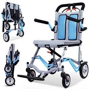 Blue Ultralight Double Handbrake FoldingTransportation Wheelchair Weight 19 lbs