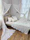 2 antique French Tambour lace curtains with pullbacks tiebacks white sheer text