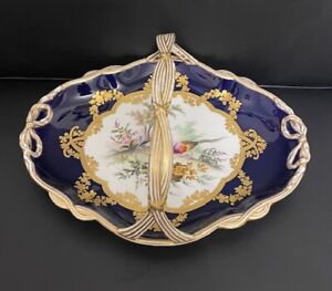 New ListingVTG Porcelain Serving Oval Platter Basket Handle Dish Pheasants Gold Cobalt Blue